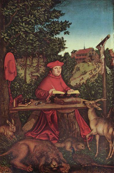 Lucas Cranach Portrat des Kardinal Albrecht von Brandenburg als Hl Hieronymus im Grunen